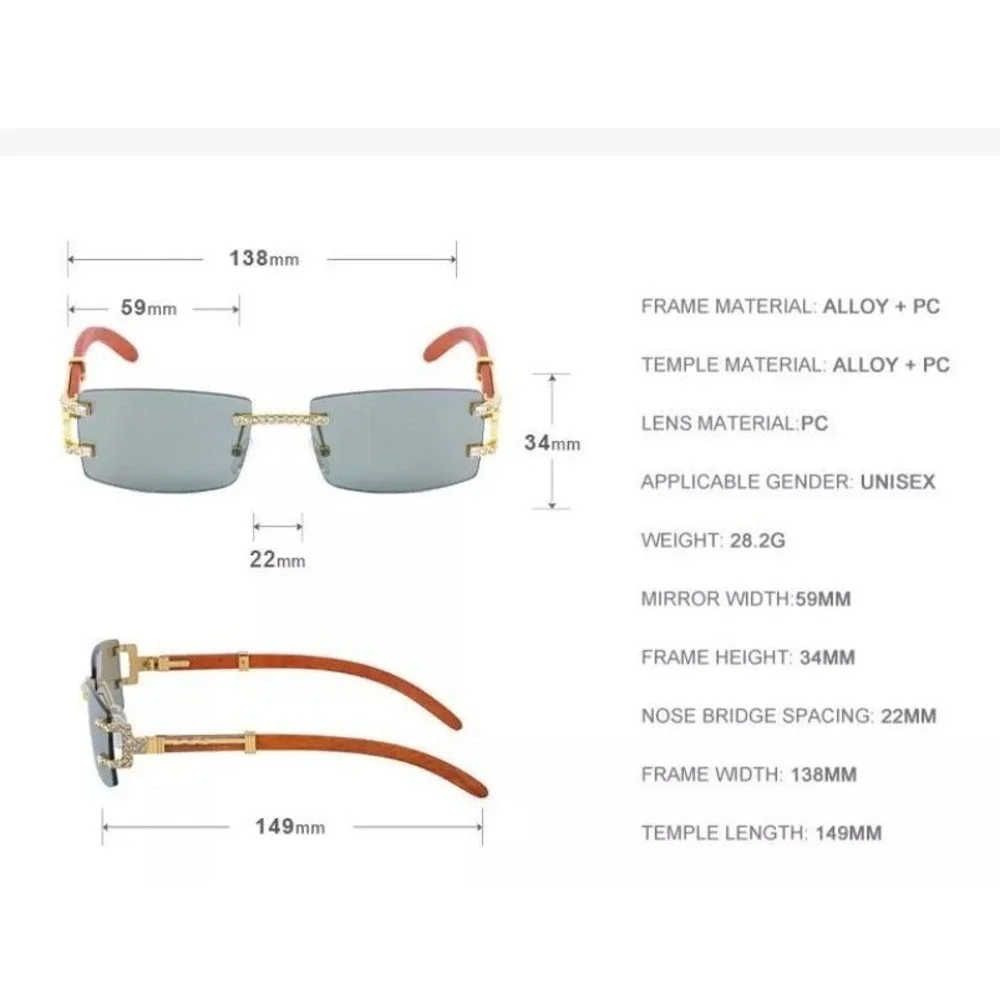 Rimless‎ Sunglasses Men Rectangle Blue Lens Wood Grain Arm Fashion Shades